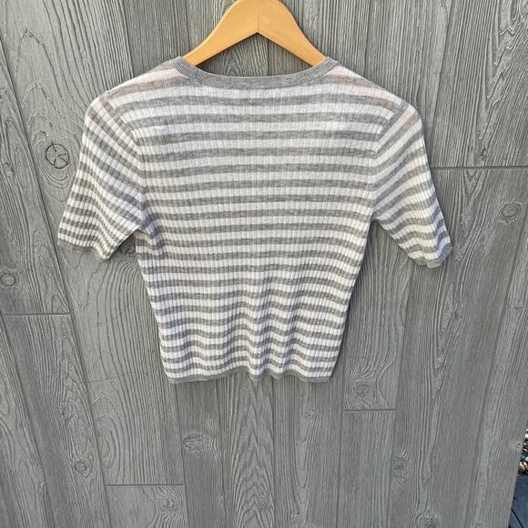 Vince Stripe Rib Cashmere Sweater  GREY/OFF WHITE - Picture 7 of 9